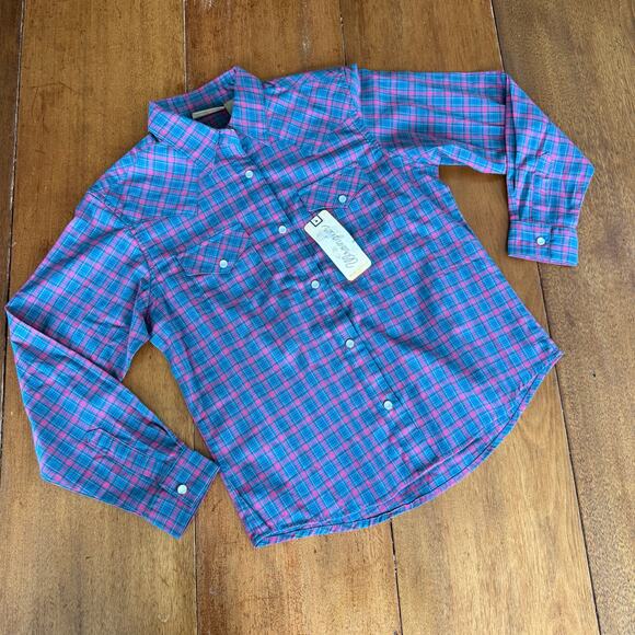 Wrangler Button Down Western Shirt Pearl Snap Plaid Navy Pink Girls XL Rodeo - Picture 3 of 12